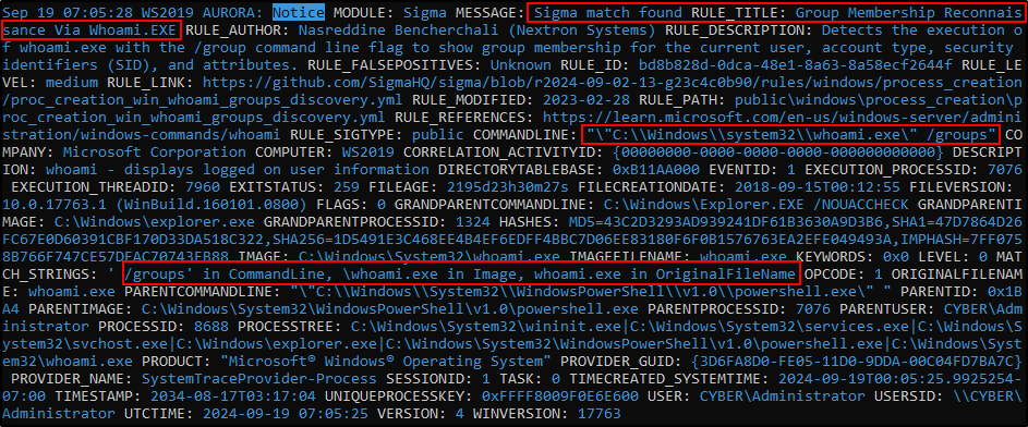 Aurora console reporting a Group Membership Reconnaissance Sigma match