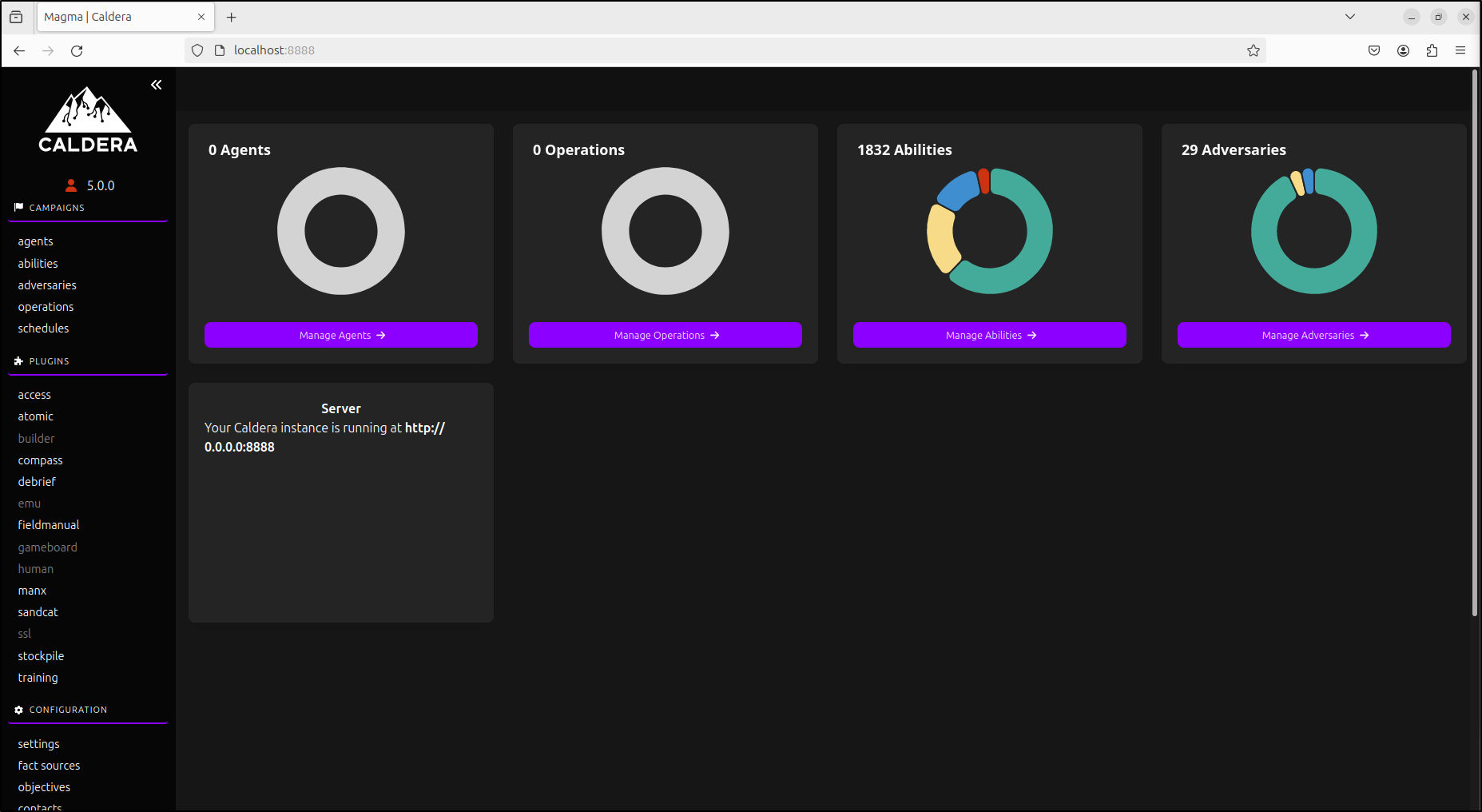 MITRE Caldera interface after a successful login