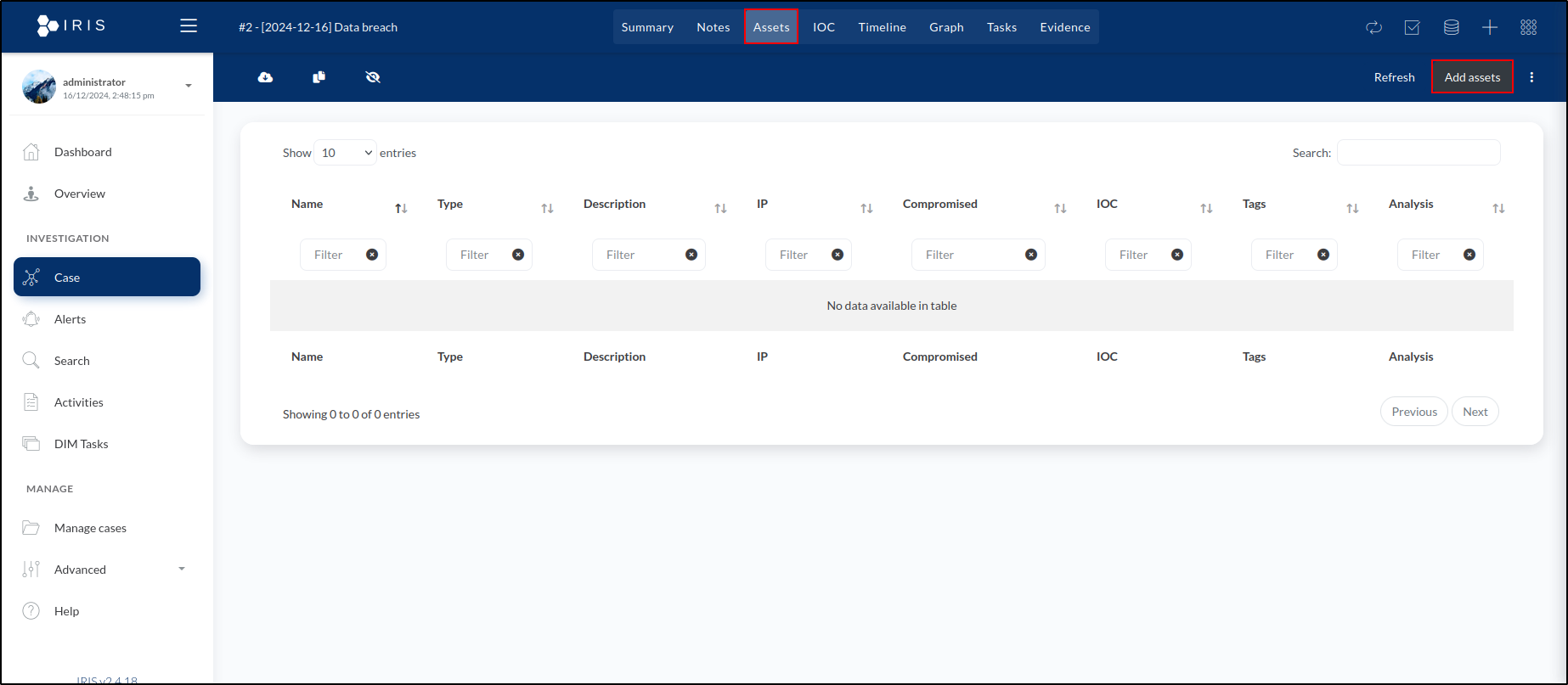 DFIR-IRIS asset management — step 12