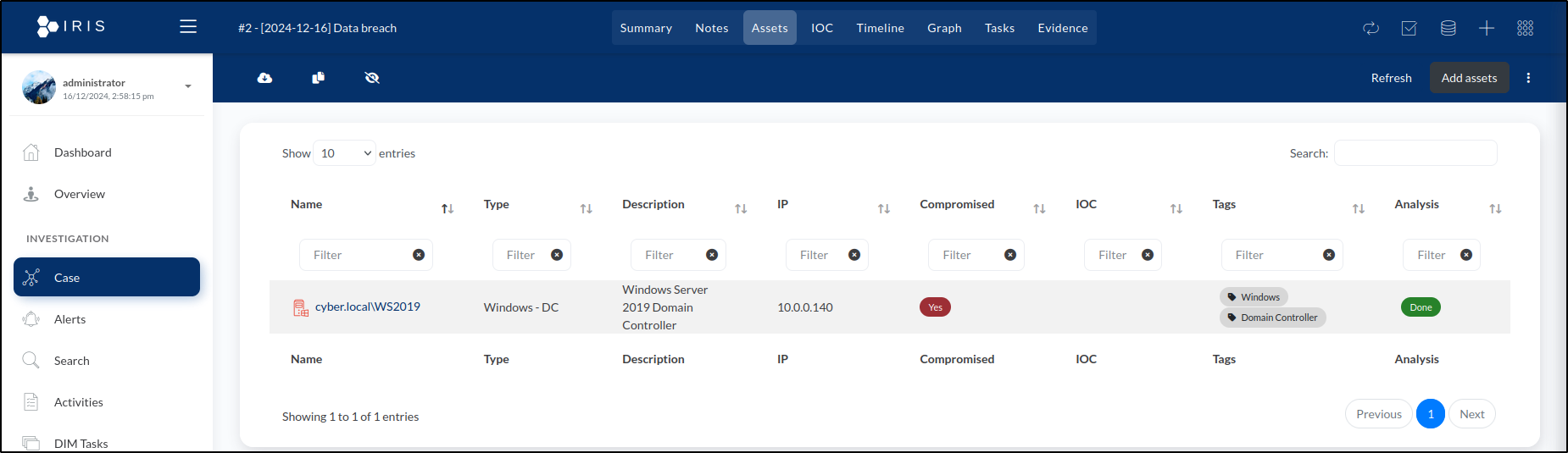 DFIR-IRIS asset management — step 14