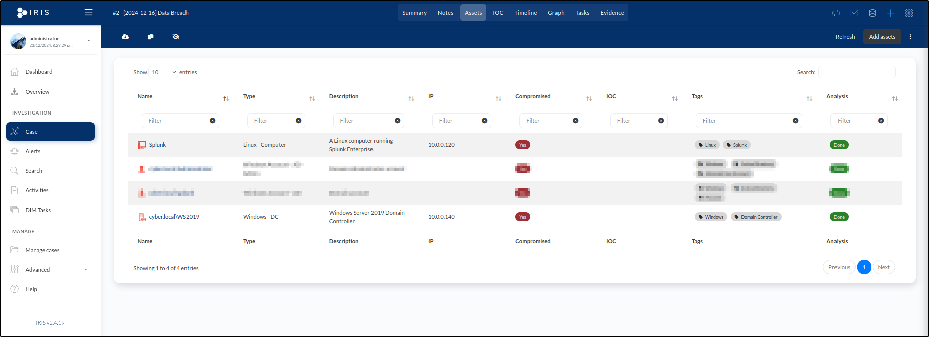 DFIR-IRIS asset management — step 16
