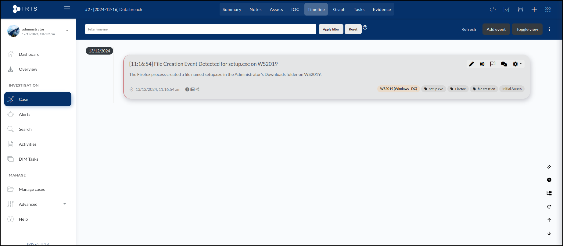 DFIR-IRIS timeline construction — step 24