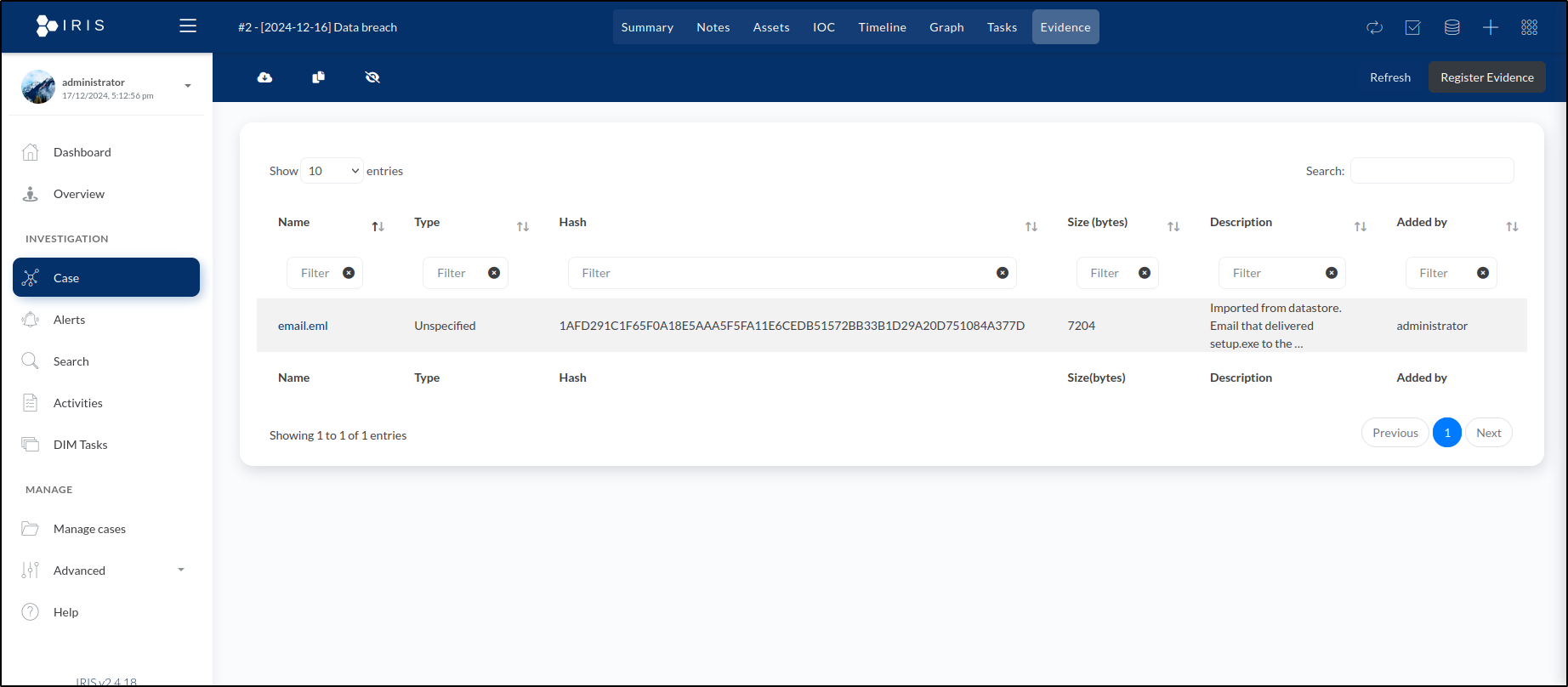 DFIR-IRIS evidence datastore — step 34