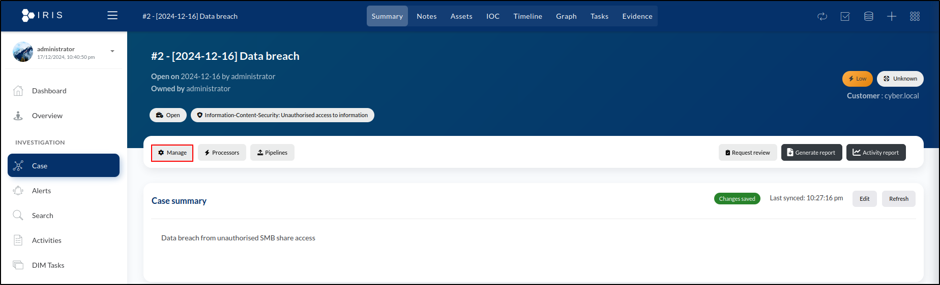 DFIR-IRIS case closure and backup — step 50