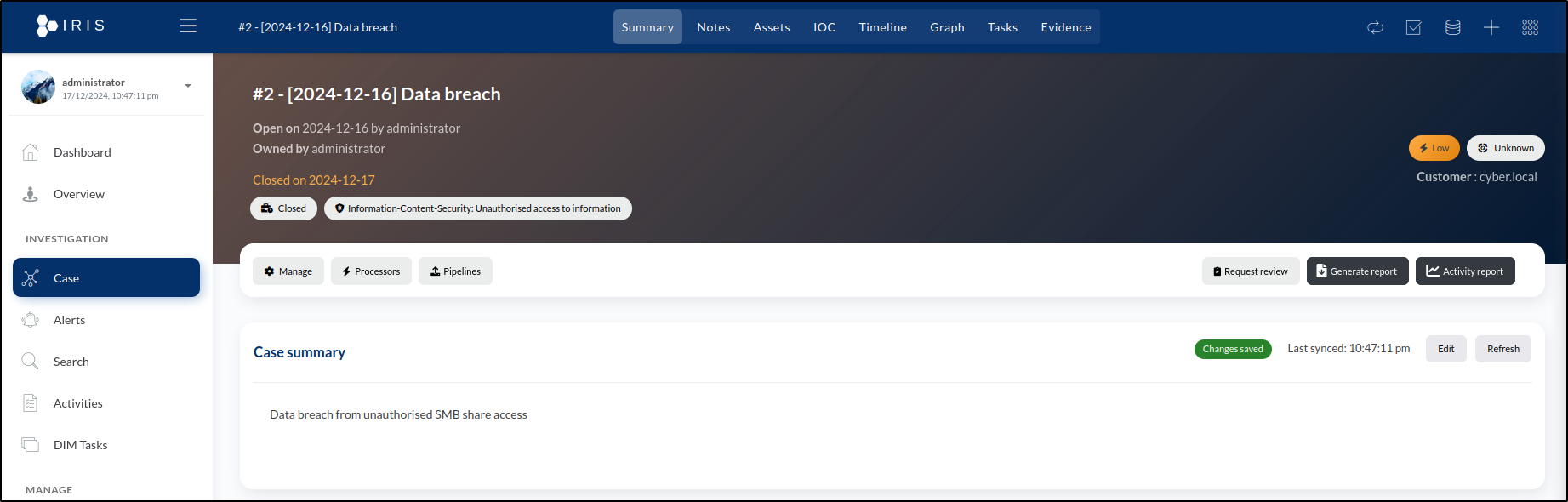 DFIR-IRIS case closure and backup — step 53