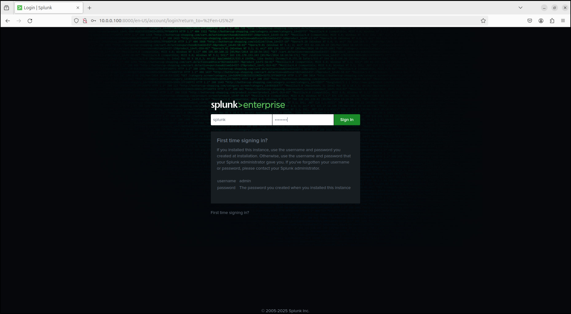 Splunk Enterprise Web home page