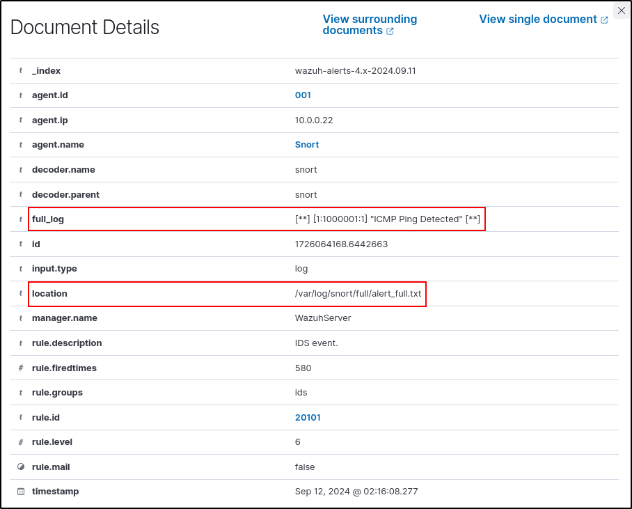 Expanded Snort alert fields in the Wazuh dashboard