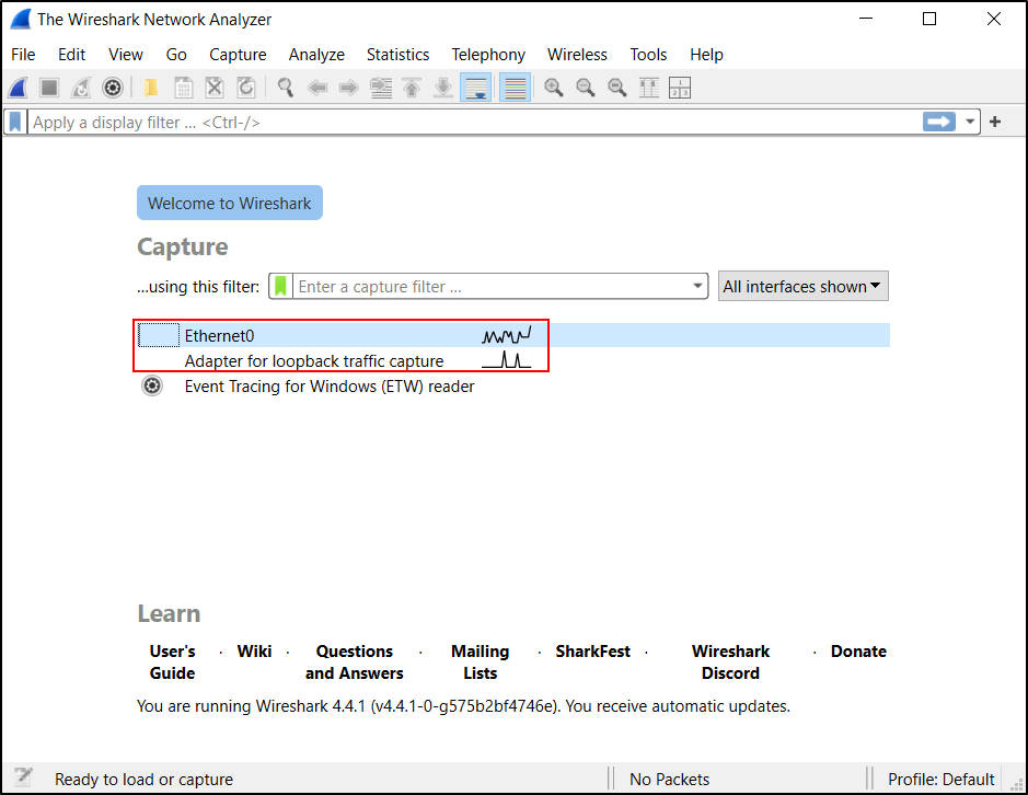 Wireshark home screen listing available capture interfaces