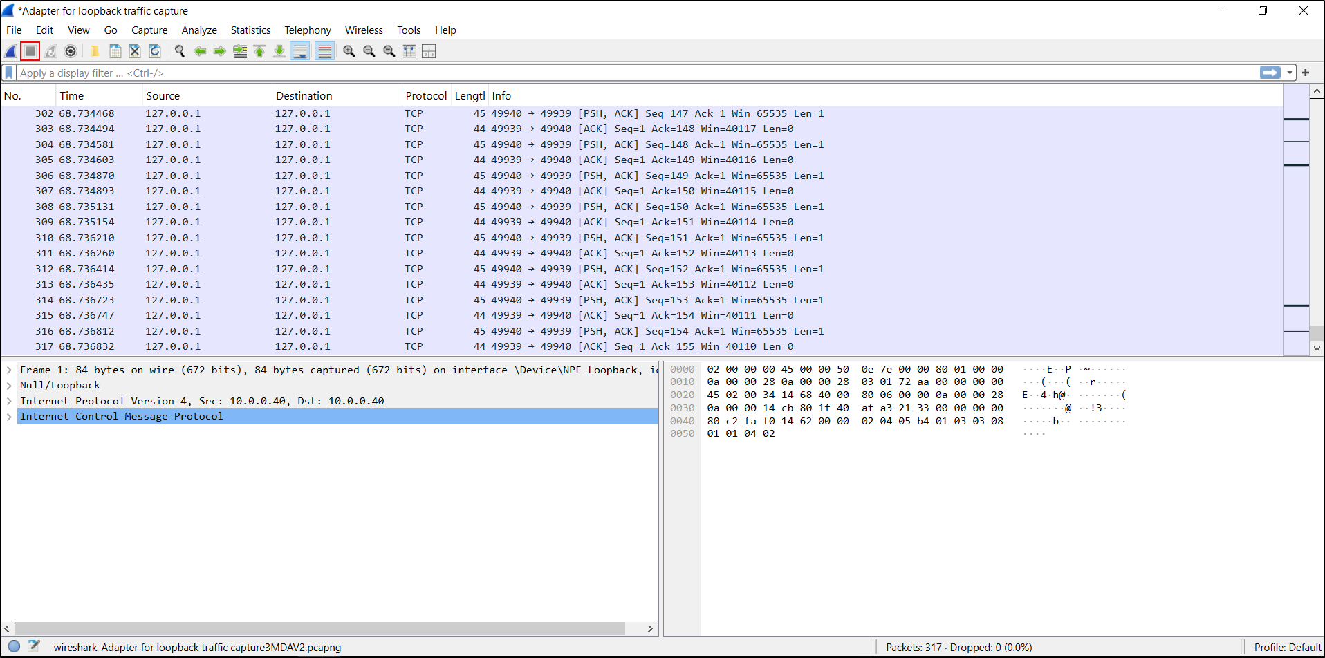 Wireshark packet capture with the stop-capture control highlighted