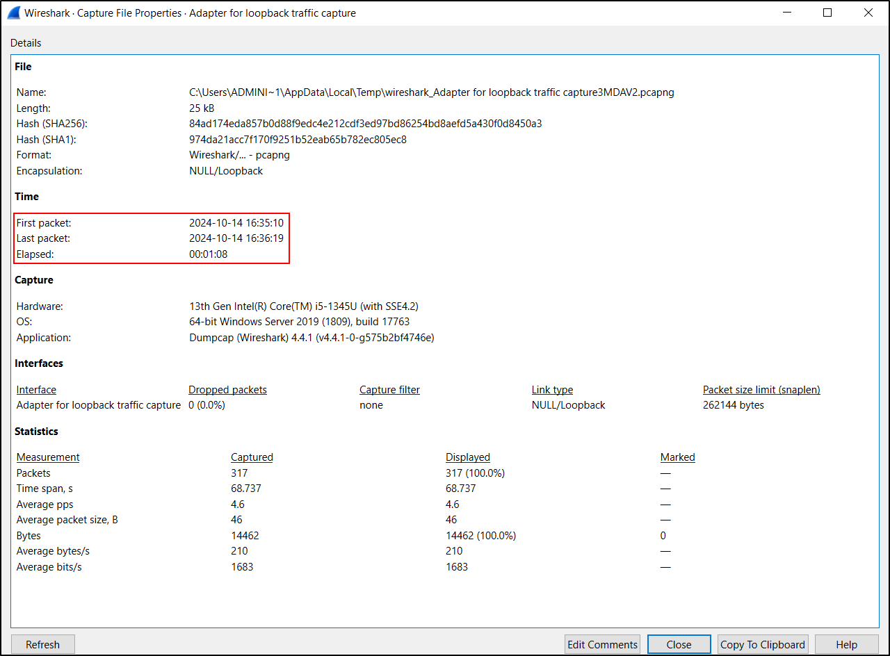 Wireshark Capture File Properties showing packet and timing details