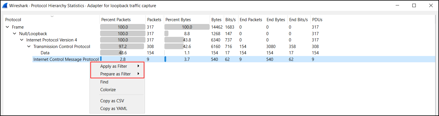 Wireshark context menu for applying or preparing a display filter