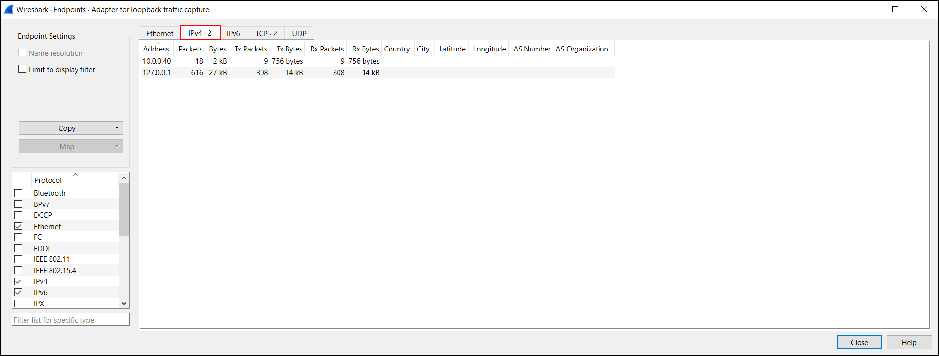 Wireshark IPv4 Endpoints statistics